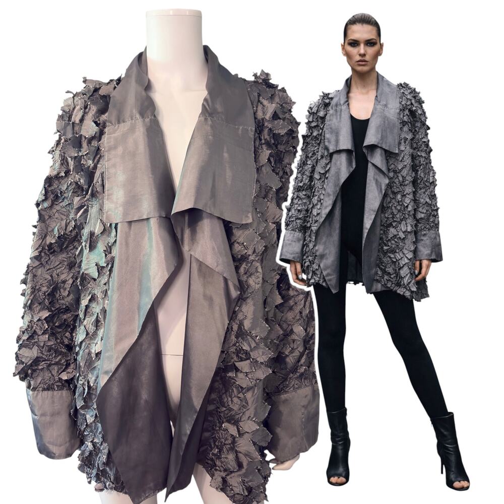 Sterling Styles 3D Silk Shredded Silver Kimono Top One Size Wearable Art Texture